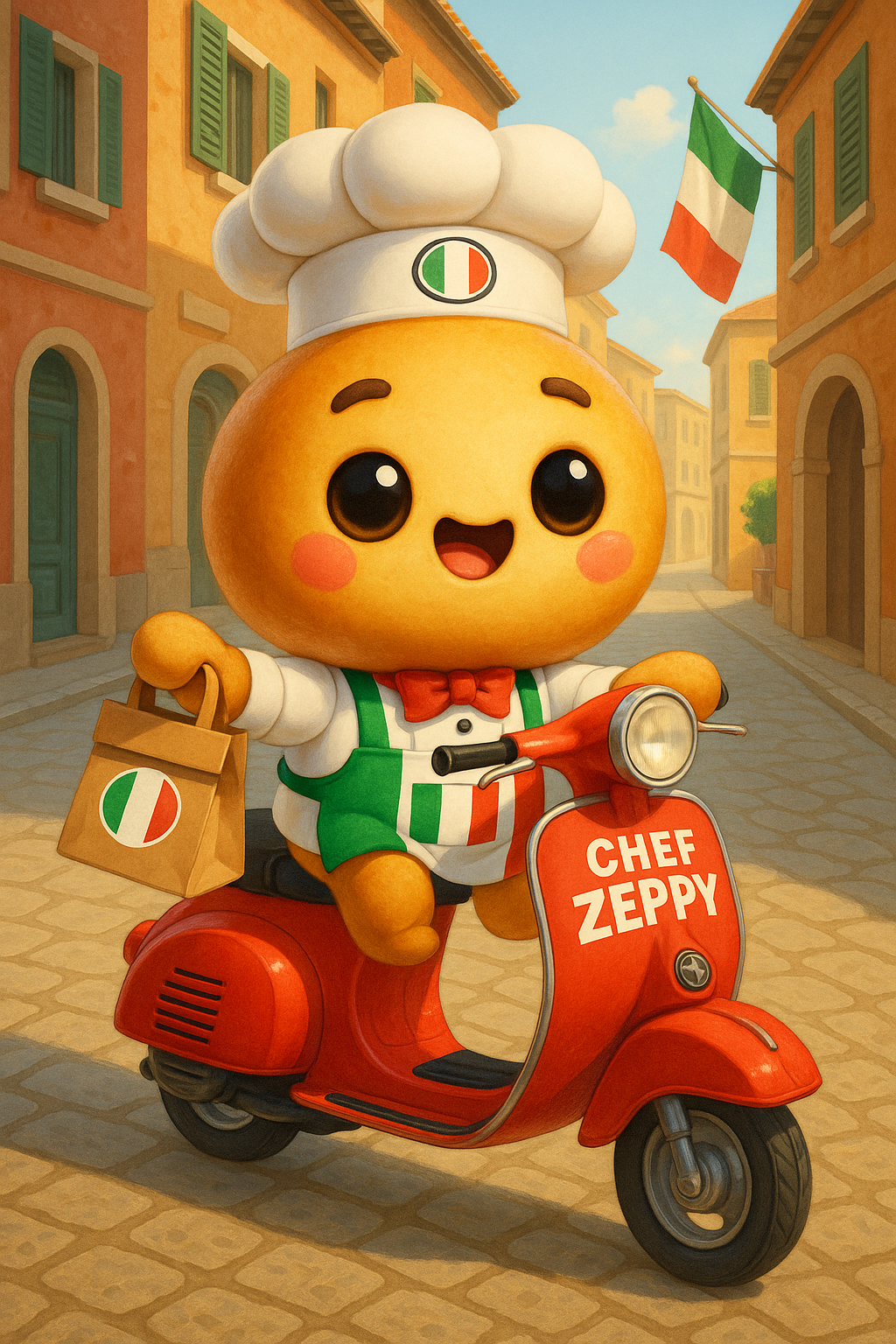 Load video: Chef Zeppy driving a Vespa scooter while throwing zeppole to the children
